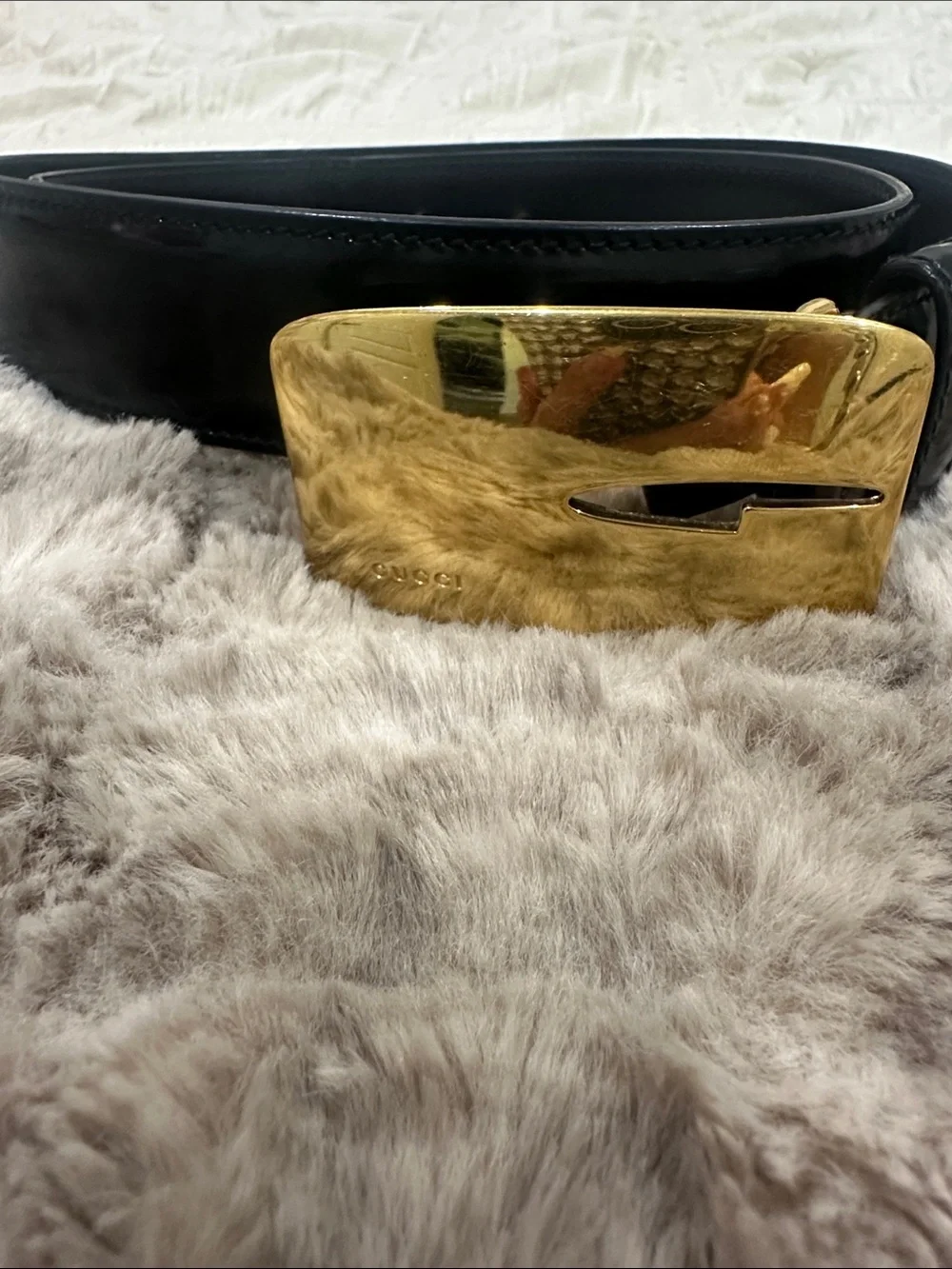 Gucci Black Patent Leather Belt with Gold Buckle